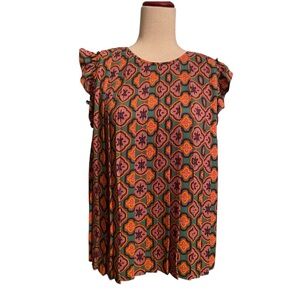 DR2 Green and Orange Boxy Cap Sleeve Blouse, size M. Pleated and ruffled.
